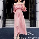 Elbow-sleeve Off Should Striped Maxi Sundress