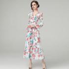 Long-sleeve Floral Print Ruffle Trim Mini A-line Dress