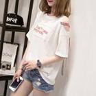 Letter Embroidered Cold-shoulder Elbow-sleeve T-shirt