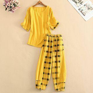 Set: Short-sleeve Plaid Panel T-shirt + Harem Pants