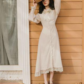 Lace Trim A-line Midi Shirtdress