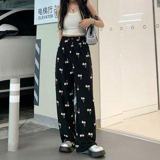 Cherry Print High-waist Wide-leg Pants