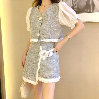 Set: Fringed Trim Puff-sleeve Blouse + Mini A-line Skirt