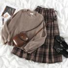 Distressed Loose-fit Sweater / Plaid Midi Skirt