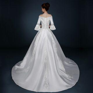 Sequined Off Shoulder 3/4 Sleeve Wedding Ball Gown