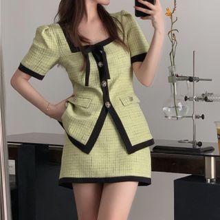 Short-sleeve Contrast Trim Blouse / Mini Pencil Skirt