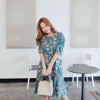 Shirred-sleeve Floral Print Dress With Sash