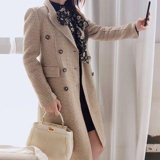 Peak Collar Houndstooth Double-breasted Woolen Coat