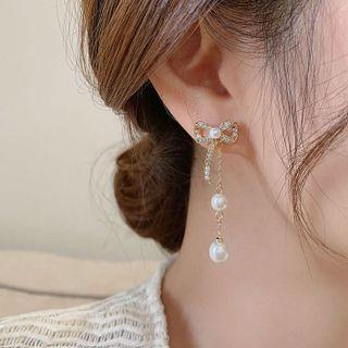 Bow Rhinestone Faux Pearl Dangle Earring 1 Pair - Gold - One Size