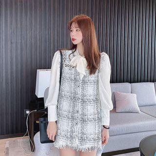 Long-sleeve Bow Accent Blouse / Sleeveless Tweed Dress