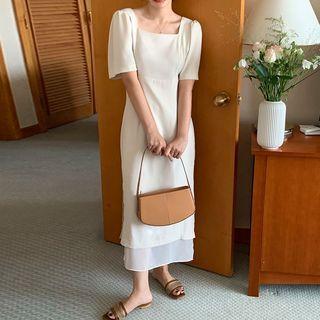 Mock Two-piece Short-sleeve Square Neck Plain A-line Maxi Dress