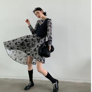 Mock Two-piece Puff-sleeve Butterfly Print A-line Dress