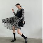 Mock Two-piece Puff-sleeve Butterfly Print A-line Dress