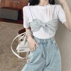 Mock Two-piece Bow Short-sleeve T-shirt / Embroidered Wide-leg Jeans