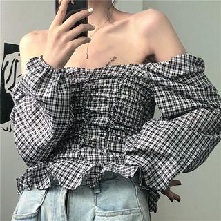 Lantern-sleeve Plaid Top As Shown In Figure - One Size