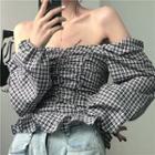 Lantern-sleeve Plaid Top As Shown In Figure - One Size