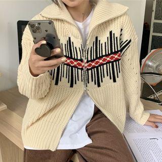 Jacquard Zip Cardigan Beige - One Size