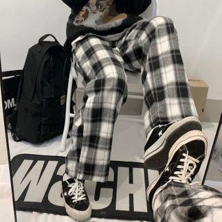 Plaid Straight Leg Pants Black & White - One Size