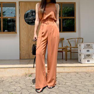Set: Strappy Top + Belted Wide-leg Pants