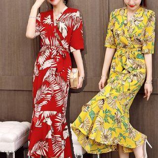 Short Sleeve V-neck Floral Mermaid Wrapped Dress
