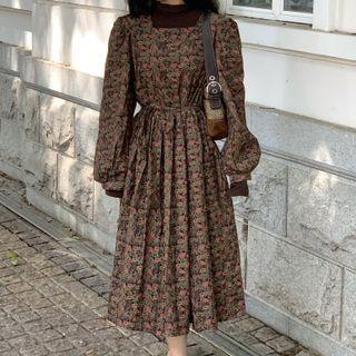 Long-sleeve Floral Midi A-line Dress Pink & Green Floral - Black - One Size