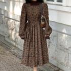 Long-sleeve Floral Midi A-line Dress Pink & Green Floral - Black - One Size
