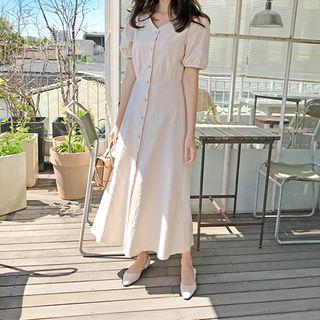 V-neck Puff-sleeve Long Dress Light Beige - One Size