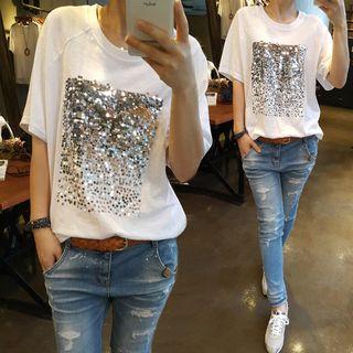 Elbow-sleeve Sequined Paneled T-shirt