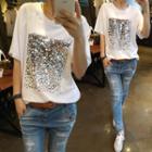 Elbow-sleeve Sequined Paneled T-shirt