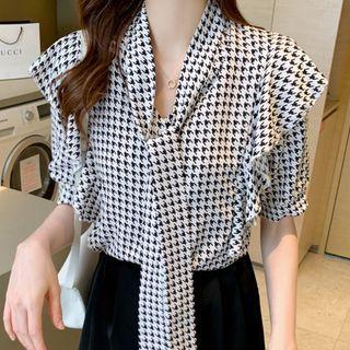 Short-sleeve Tie-neck Houndstooth Blouse