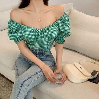 Short-sleeve Gingham Blouse Green - One Size