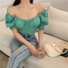 Short-sleeve Gingham Blouse Green - One Size