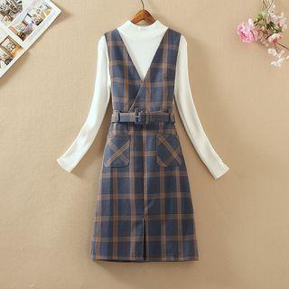 Mock-neck Ribbed Long-sleeve Knit Top / Plaid Pinafore Dress / Set
