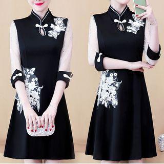 Flower Embroidered 3/4-sleeve Mini A-line Dress