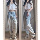 Puff-sleeve Eyelet Lace Top / Washed Wide Leg Jeans / Set