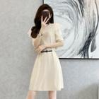 Elbow-sleeve Sheer Panel Knit A-line Dress