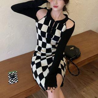 Check Panel Cut-out Knit Mini Sheath Dress Check - Black & White - One Size