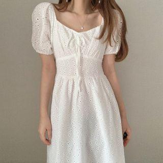 Puff-sleeve Eyelet Lace A-line Midi Dress