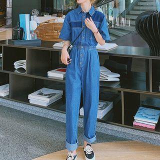 Short-sleeve Paneled Denim Shirt Jumpsuit