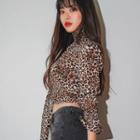 Smocked-trim Leopard Print Top Brown - One Size