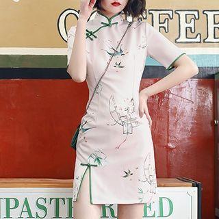 Short-sleeve Bird Print Qipao