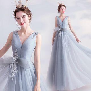 Sleeveless Crochet Trim Mesh A-line Evening Gown