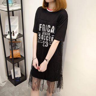 Short-sleeve Lace Panel Mini Dress