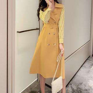 Long-sleeve Checked Double Breasted A-line Midi Dress