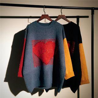 Heart Embroidered Color-block Sleeve Sweater