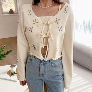 Set: Floral Embroidered Cardigan + Cropped Camisole Top