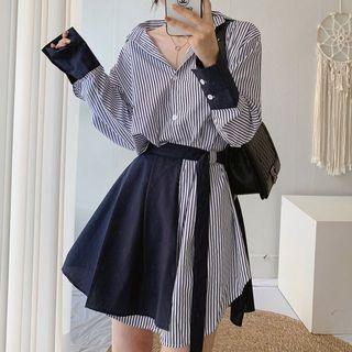 Set: Long-sleeve Striped Mini Shirtdress + Side-slit Mini Skirt
