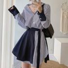 Set: Long-sleeve Striped Mini Shirtdress + Side-slit Mini Skirt