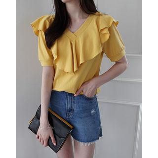 Ruffled V-neck Cotton T-shirt