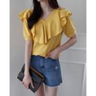 Ruffled V-neck Cotton T-shirt